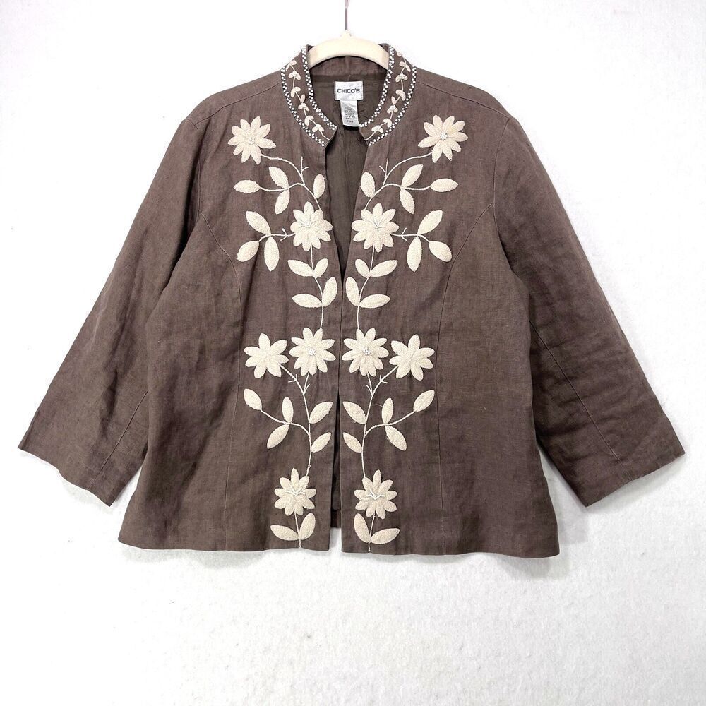 Chico's Jacket Women Large Brown 100% Linen Embroidered Floral Beaded Boxy Fit
